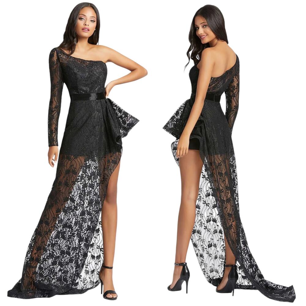 Mac Duggal NWT 48897 Asymmetric Neck & Hem Evening Gown Black Size 0 Jeweled
